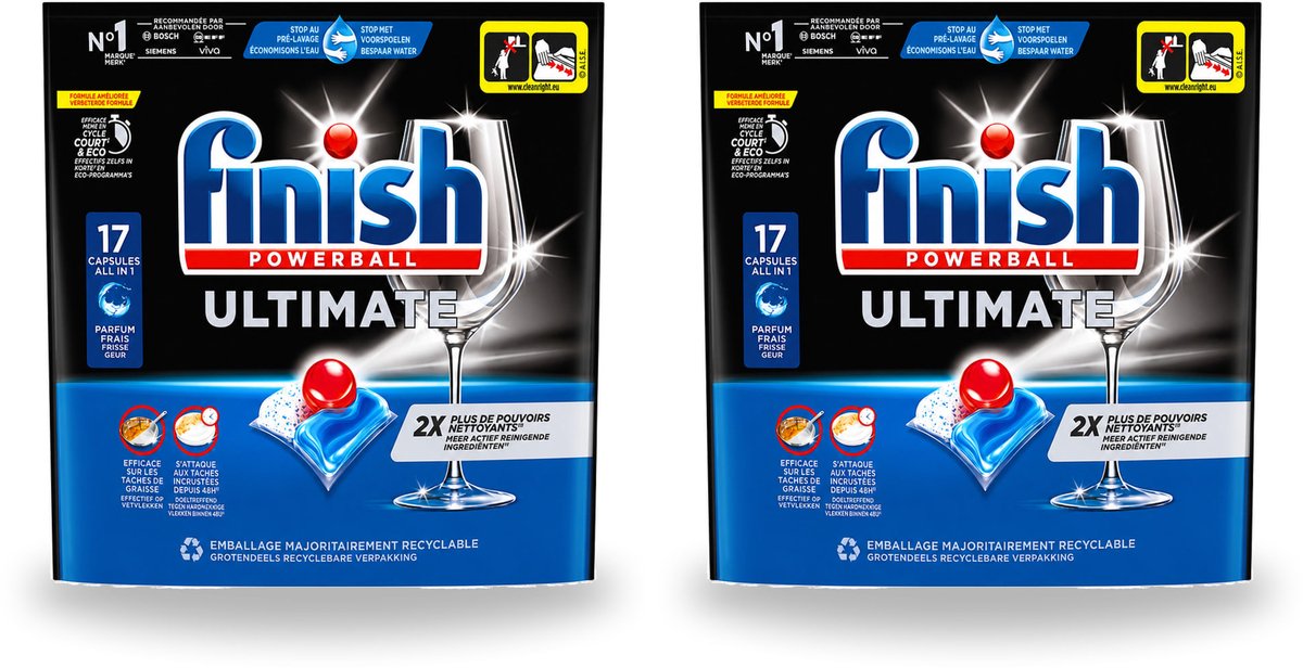 2 x Finish - Vaatwasmiddel - Ultimate Vaatwastabletten Regular - Krachtige Reiniging - 17 capsules - Voordeelverpakking - 2 stuks