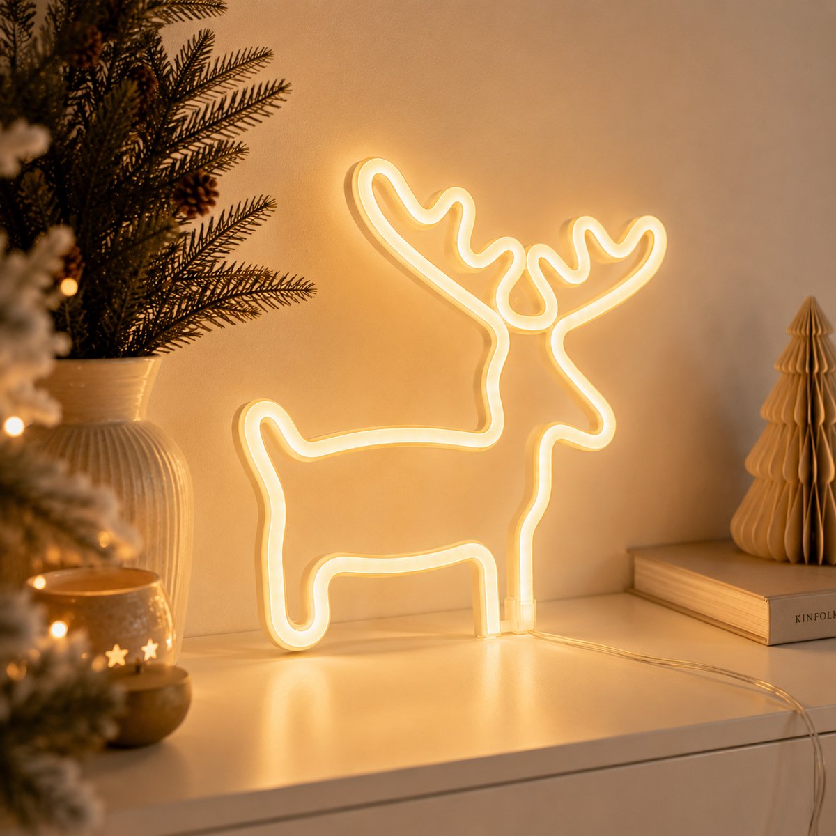 ZoeZo Neon Wandlamp Rendier - Neon verlichting - Sfeerverlichting - LED lamp - Neonlicht - Neon Sign - USB - Geel