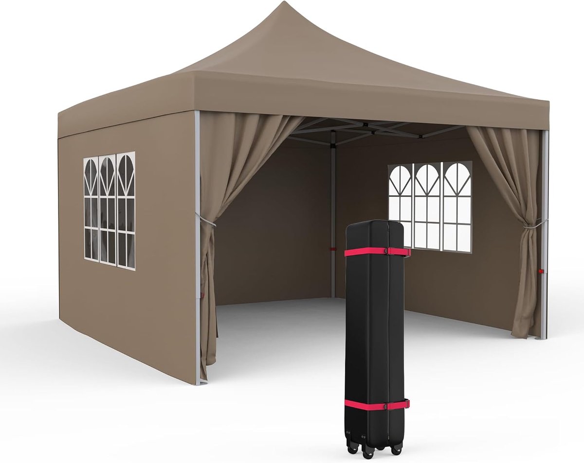 Triumpunpre - Pop‑Up Partytent 3x3 Meter - Eén‑Druk Snelopzetbare Tuintent Met 4 Verwijderbare Zijwanden Met Ramen - Waterdicht UPF 50+ UV‑Bescherming - Met Wieltransporttas - Haringen En Zandzakken Voor Tuin, Evenementen En Markt