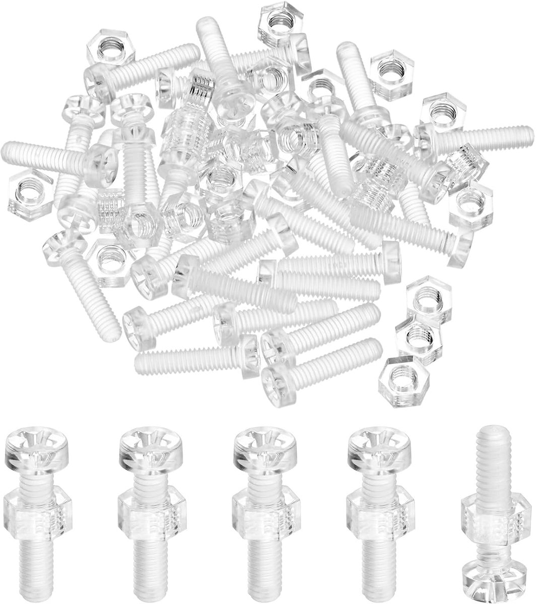 Set van 30 transparante schroeven en zeskantmoeren, M4 x 16 mm, acryl kunststof, kruiskop, ronde kopschroeven, voor machineaccessoires