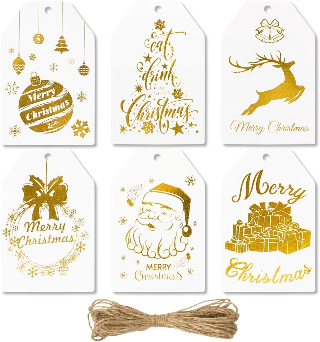 Kerstcadeaulabels van kraftpapier, 60 stuks in 6 verschillende designs, wit en goud, met jutetouw voor het inpakken van cadeaus en het versieren van de kerstboom