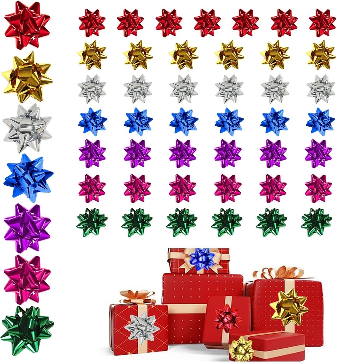 Strikken, zelfklevend, kleurrijke geschenkstrikken, metallic kleur, cadeaustrik, voor kerstdecoratie, wijnflessen, geschenkverpakking, bruiloft en verjaardag, 7 kleuren