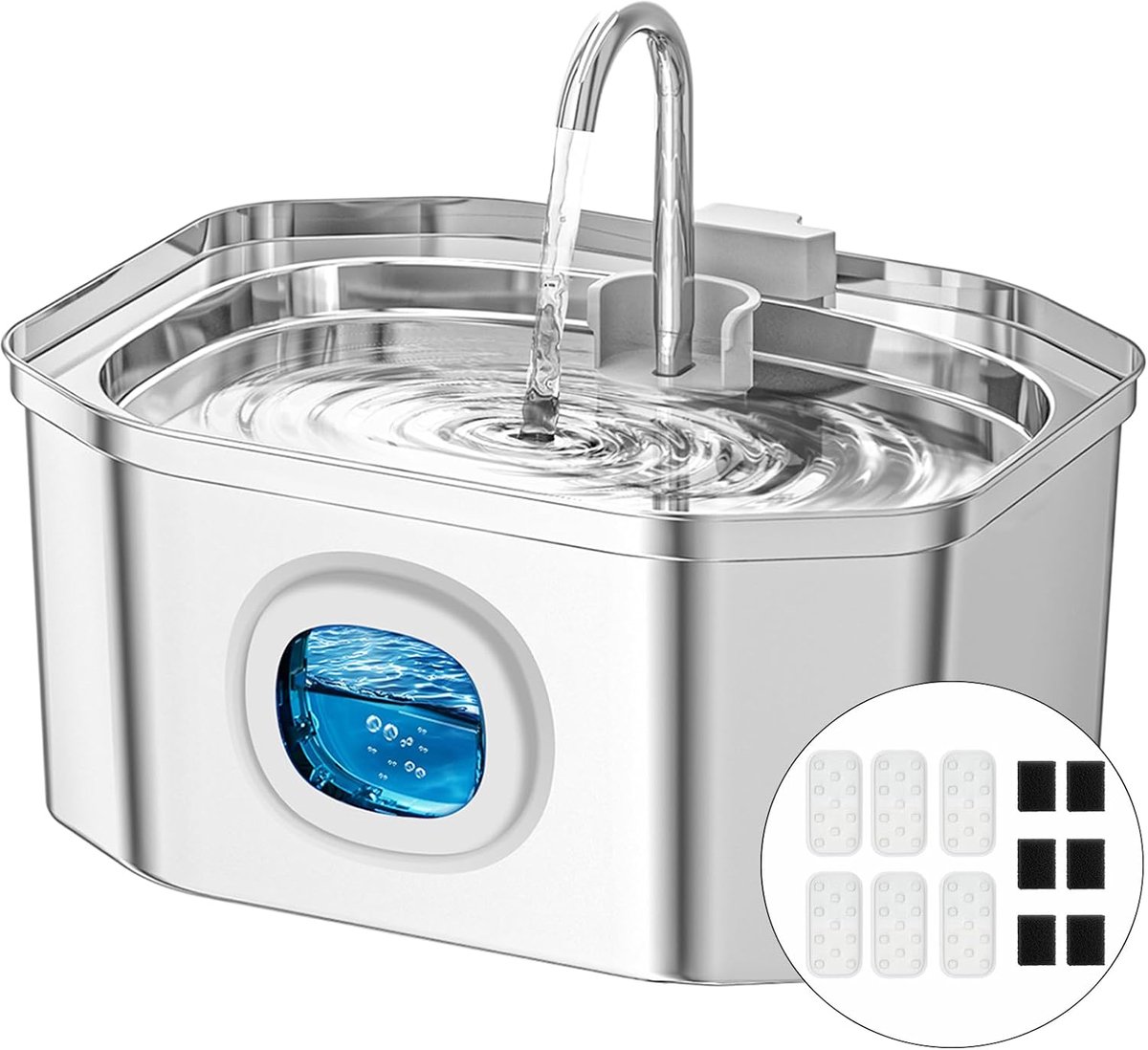 Kattenfontein, drinkfontein voor katten, drinkfontein van roestvrij staal, ultra-stille kattendrinkfontein, met LED-venster, S - 3,2L grote capaciteit (A - met 6 filters en 6 sponzen)