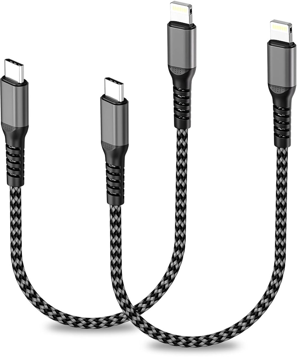 C Lightning-kabel 0,3 m, set van 2, MFi-gecertificeerd, iPhone USB C-nylon kabel, snel opladen, Lightning-kabel, oplader voor iPhone 14/13/12/11/X/8/SE, iPad, AirPods