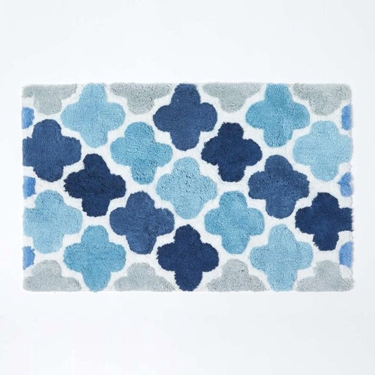 Superabsorberende zachte badmat in blauw, grijs en wit met geometrisch patroon – 100% katoen, 50 x 80 cm, antislip achterkant