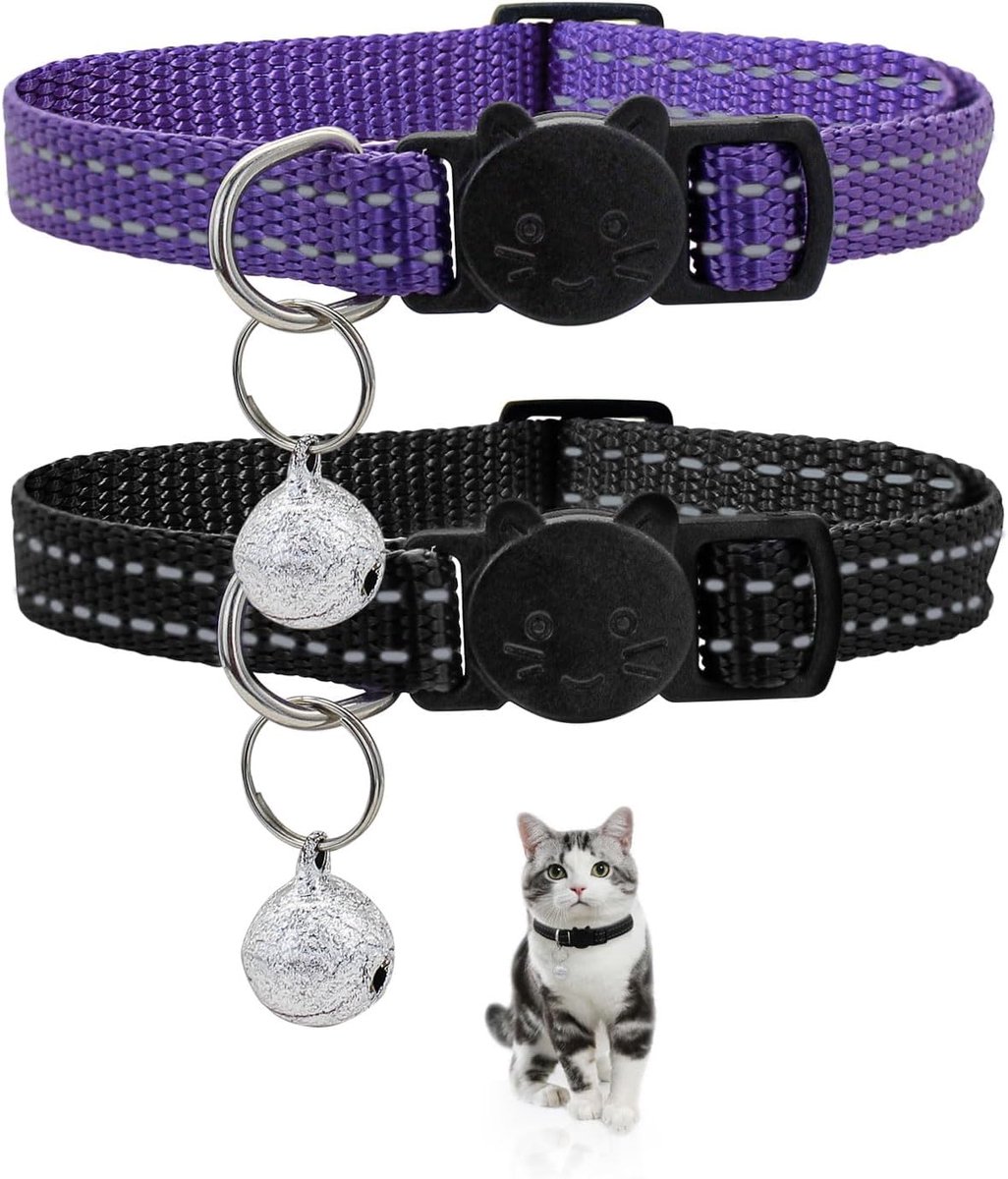 2 stuks, reflecterende kattenhalsband met veilige snelsluiting, breakaway gesp en bel, verstelbare 22-35 cm kattenhalsband voor katten en honden (paars + zwart)