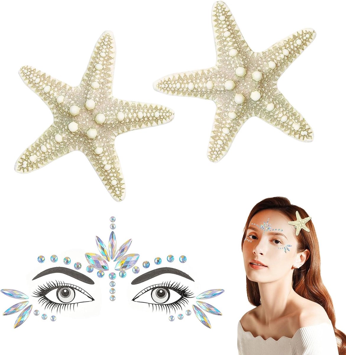 Haarspeld en zeemeermin glitterstenen gezichtsset, 3 stuks zeemeermin-accessoires, zeester-haarclips, zeemeermin-gezichtstattoo, accessoires voor meisjes om zeemeerminnen te spelen