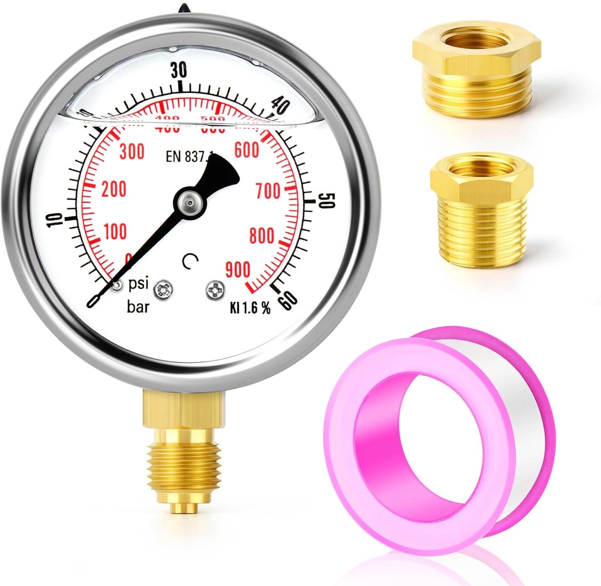 0-60 bar/0-900 PSI roestvrij staal 1/4" BSP 2,5" FACE DIAL vloeistofgevulde manometer, onderaan gemonteerd met 3/8" x 1/4" en 1/2" x 1/4" messing zeskantbus WOG water olie lucht