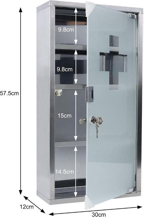 Medicijnkastje, apothekerskast van roestvrij staal, medicijnkastje met 4 vakken, medicijnkastje, hangend medicijnenopslag, 30 x 12 x 57,5 cm — afbeelding 2