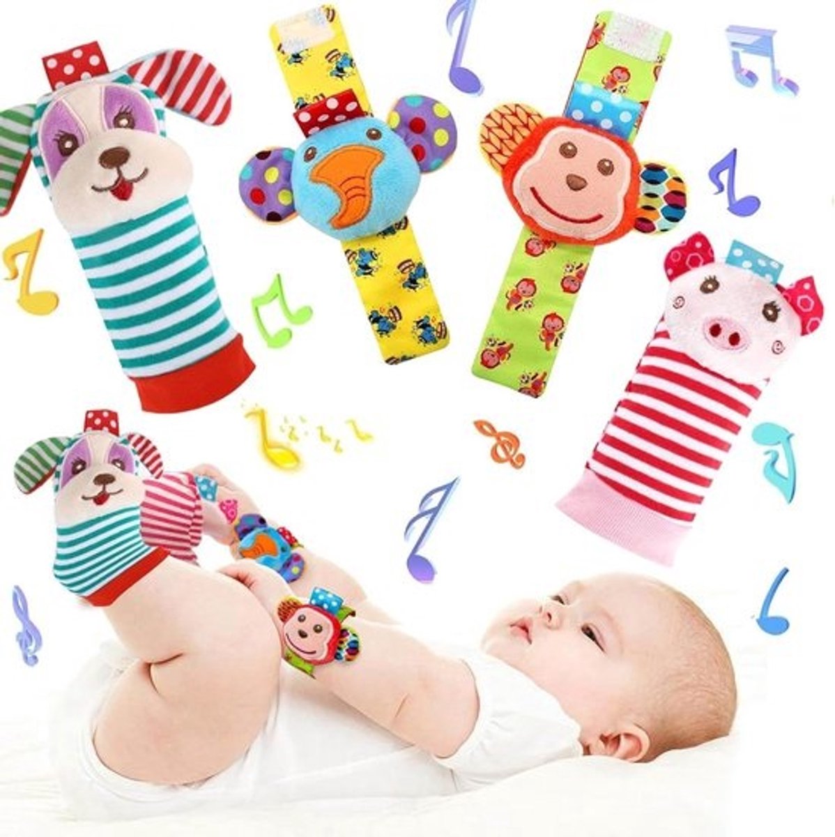 4 paar baby-rammelsokken - speelgoed voor pasgeborenen van 0-6 maanden - voor jongens en meisjes, leuke babycadeaus