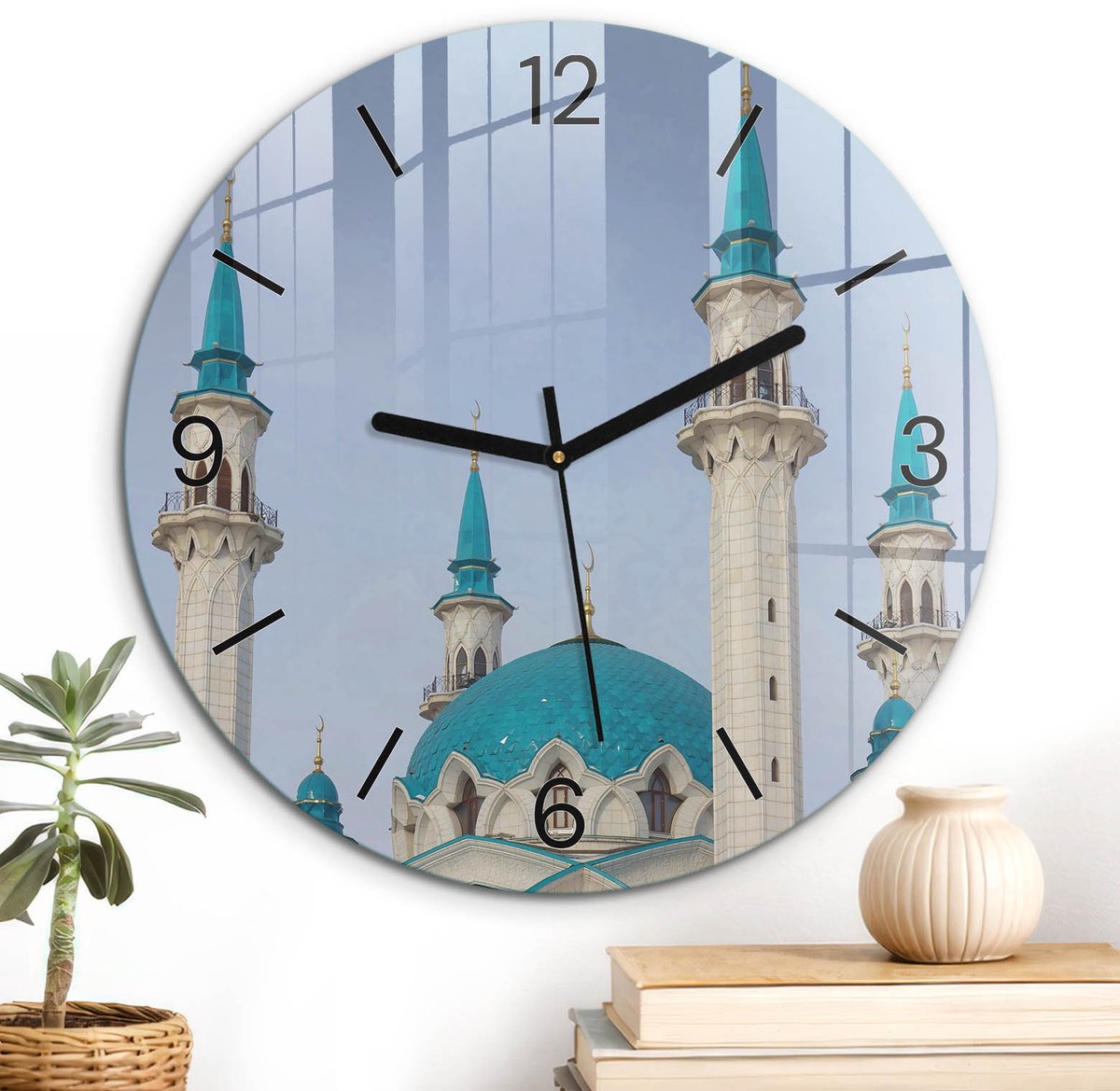 ArtPrintCave Turkoois Glazen Klok - Wandklok 30 cm - Muurklok Rond - Majestueuze Architectuur Wandklok Keuken - Landschappen Unieke Klok - Zwarte Klokwijzers