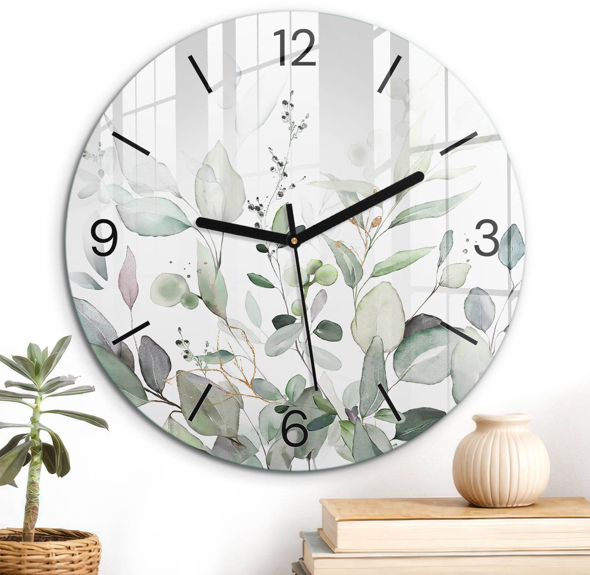 ArtPrintCave Groene Glazen Klok - Wandklok 30 cm - Muurklok Rond - Botanische Schilderkunst Unieke Klok - Abstractie Stille Wandklok - Zwarte Klokwijzers