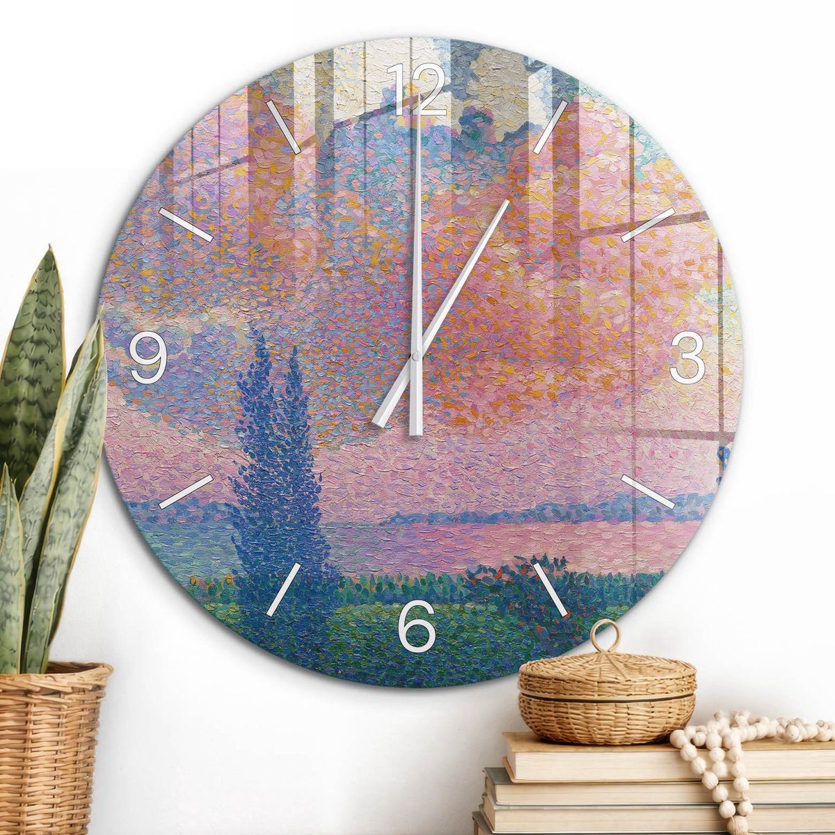 ArtPrintCave Roze Glazen Klok - Wandklok 60 cm - Muurklok Rond - Schilderachtig Landschap Wandklok Keuken - Natuur Unieke Klok - Witte Klokwijzers