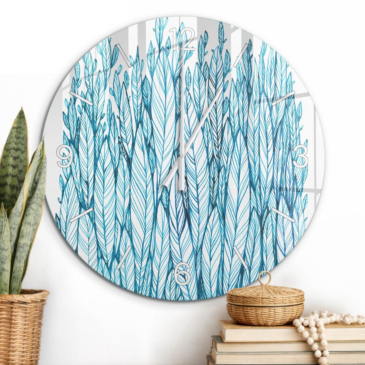 ArtPrintCave Turkoois Glazen Klok - Wandklok 60 cm - Muurklok Rond - Veren Abstractie Stille Wandklok - Achtergronden En Patronen Wandklok Keuken - Witte Klokwijzers
