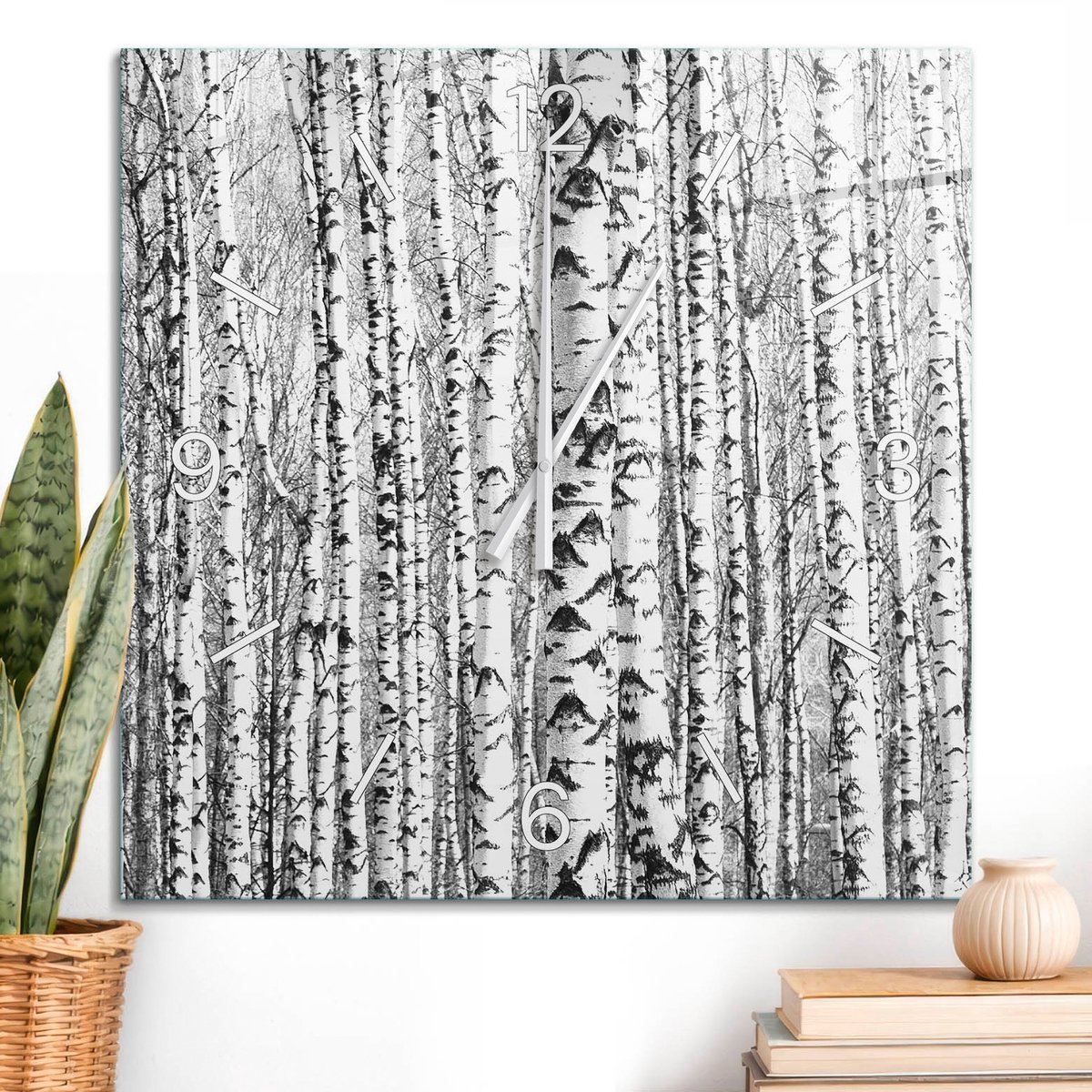 ArtPrintCave Wit Glazen Klok - 60x60 cm - Wandklok Vierkant - Berkenbos Wandklok Keuken - Abstractie Unieke Klok - Witte Klokwijzers