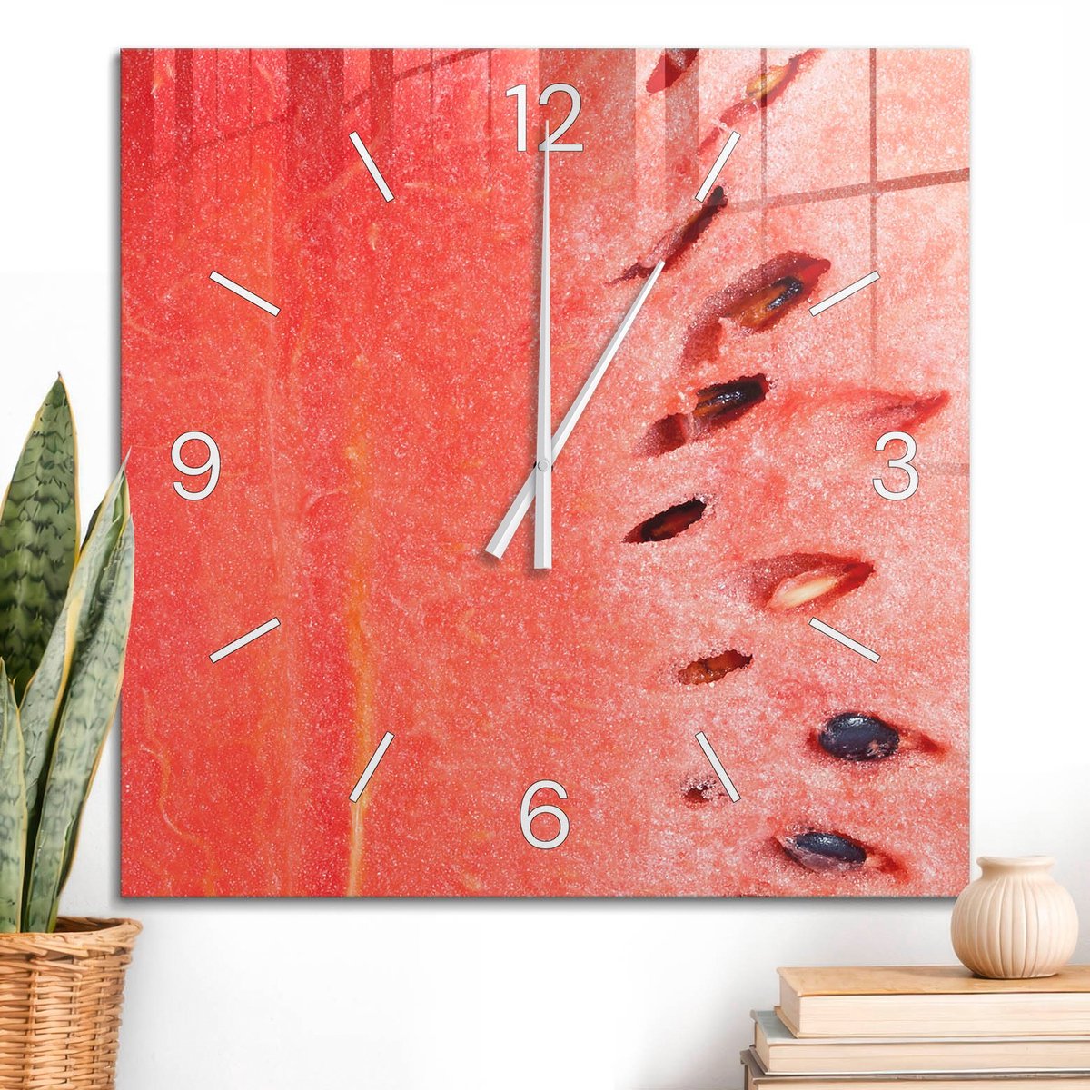 ArtPrintCave Rood Glazen Klok - 60x60 cm - Wandklok Vierkant - Watermeloen Verrukking Unieke Klok - Abstractie Stille Wandklok - Witte Klokwijzers
