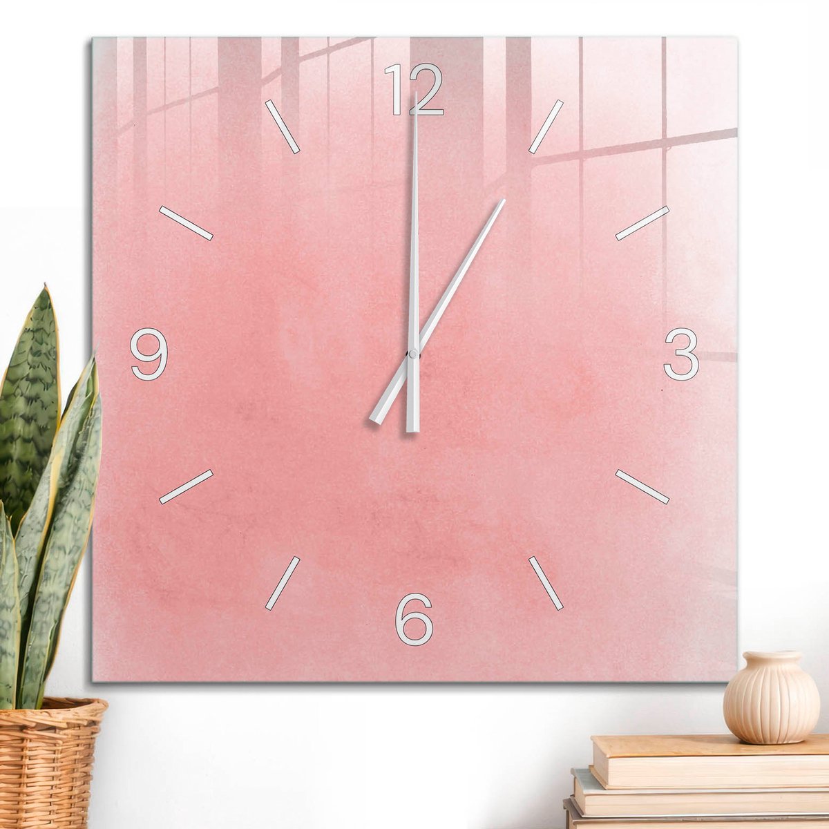 ArtPrintCave Roze Glazen Klok - 60x60 cm - Wandklok Vierkant - Roze Aquarelverf Wandklok Keuken - Achtergronden En Patronen Unieke Klok - Witte Klokwijzers