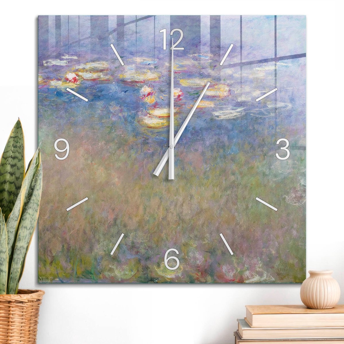 ArtPrintCave Paars Glazen Klok - 60x60 cm - Wandklok Vierkant - Waterlelies Stille Wandklok - Natuur Wandklok Keuken - Witte Klokwijzers