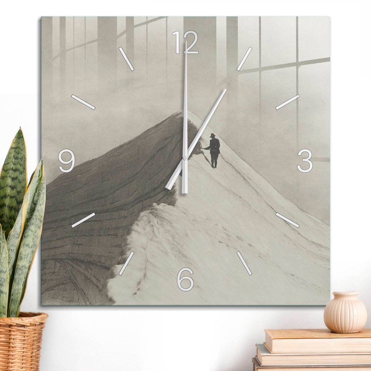 ArtPrintCave Zwart-wit Glazen Klok - 60x60 cm - Wandklok Vierkant - Bergklimmen Wandklok Keuken - Mensen Unieke Klok - Witte Klokwijzers