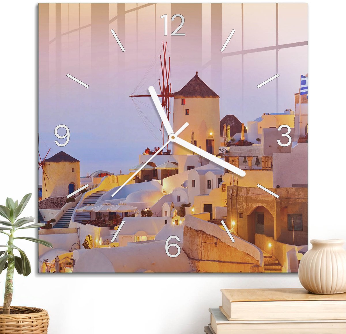 ArtPrintCave Oranje Glazen Klok - 30x30 cm - Wandklok Vierkant - Zonsondergang Unieke Klok - Architectuur Stille Wandklok - Witte Klokwijzers