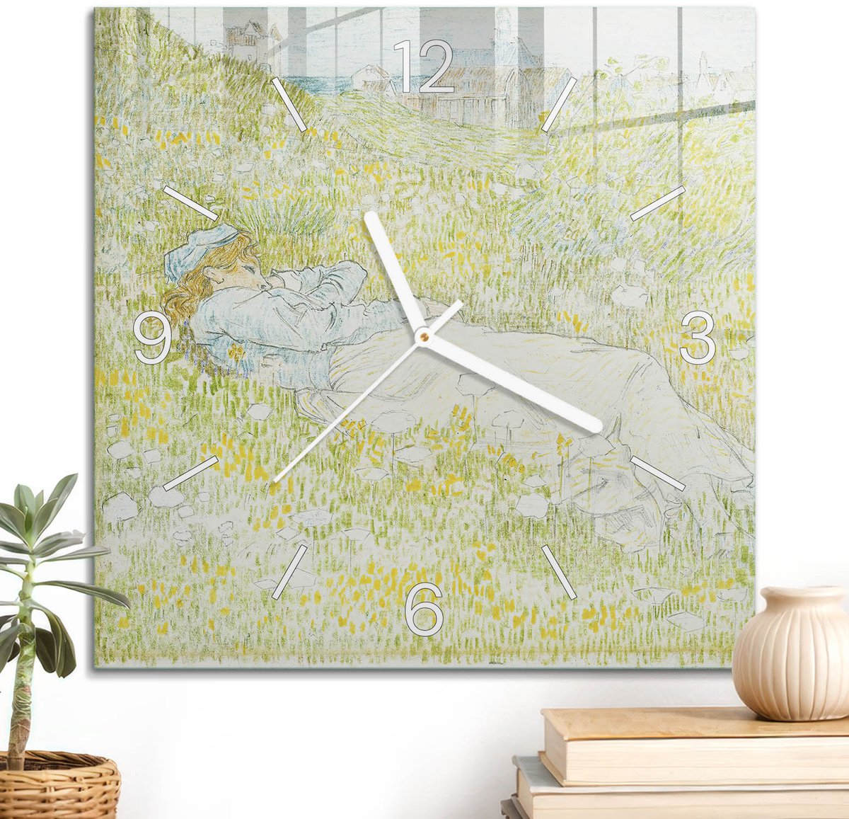 ArtPrintCave Groene Glazen Klok - 30x30 cm - Wandklok Vierkant - Zomerrust Wandklok Keuken - Kunst Unieke Klok - Witte Klokwijzers