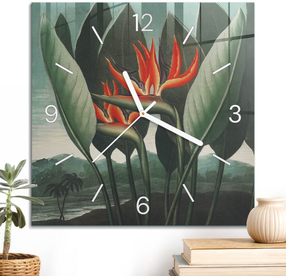 ArtPrintCave Groene Glazen Klok - 30x30 cm - Wandklok Vierkant - Exotische Flora Unieke Klok - Natuur Stille Wandklok - Witte Klokwijzers