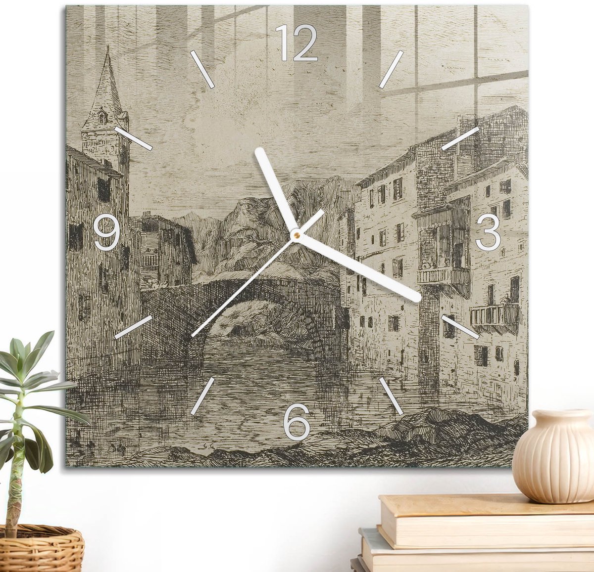 ArtPrintCave Beige Glazen Klok - 30x30 cm - Wandklok Vierkant - Historisch Perspectief Wandklok Keuken - Natuur Unieke Klok - Witte Klokwijzers