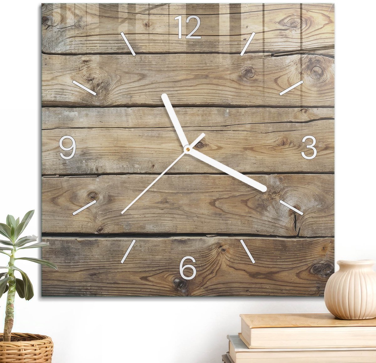 ArtPrintCave Bruin Glazen Klok - 30x30 cm - Wandklok Vierkant - Houten Planken Wandklok Keuken - Natuur Unieke Klok - Witte Klokwijzers