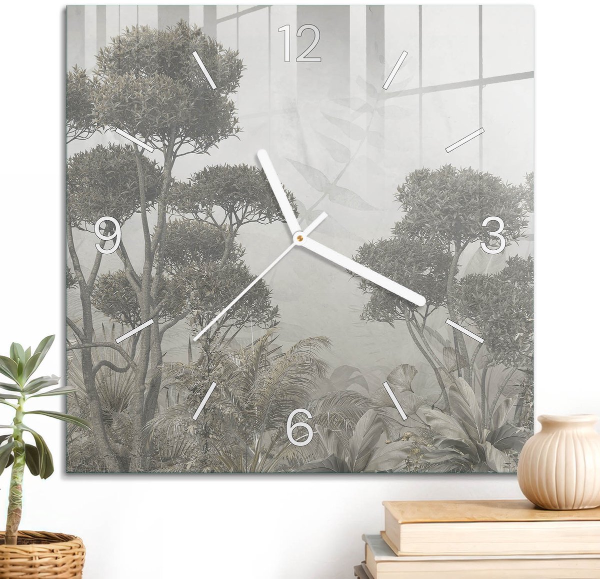 ArtPrintCave Beige Glazen Klok - 30x30 cm - Wandklok Vierkant - Tropische Jungle Wandklok Keuken - Natuur Unieke Klok - Witte Klokwijzers