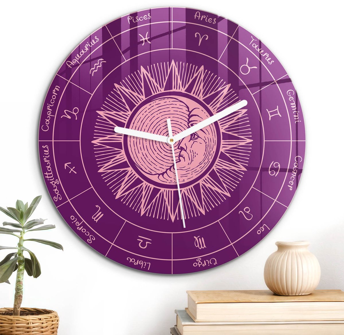 ArtPrintCave Paars Glazen Klok - Wandklok 30 cm - Muurklok Rond - Dierenriem Mandala Wandklok Keuken - Kosmos Unieke Klok - Witte Klokwijzers
