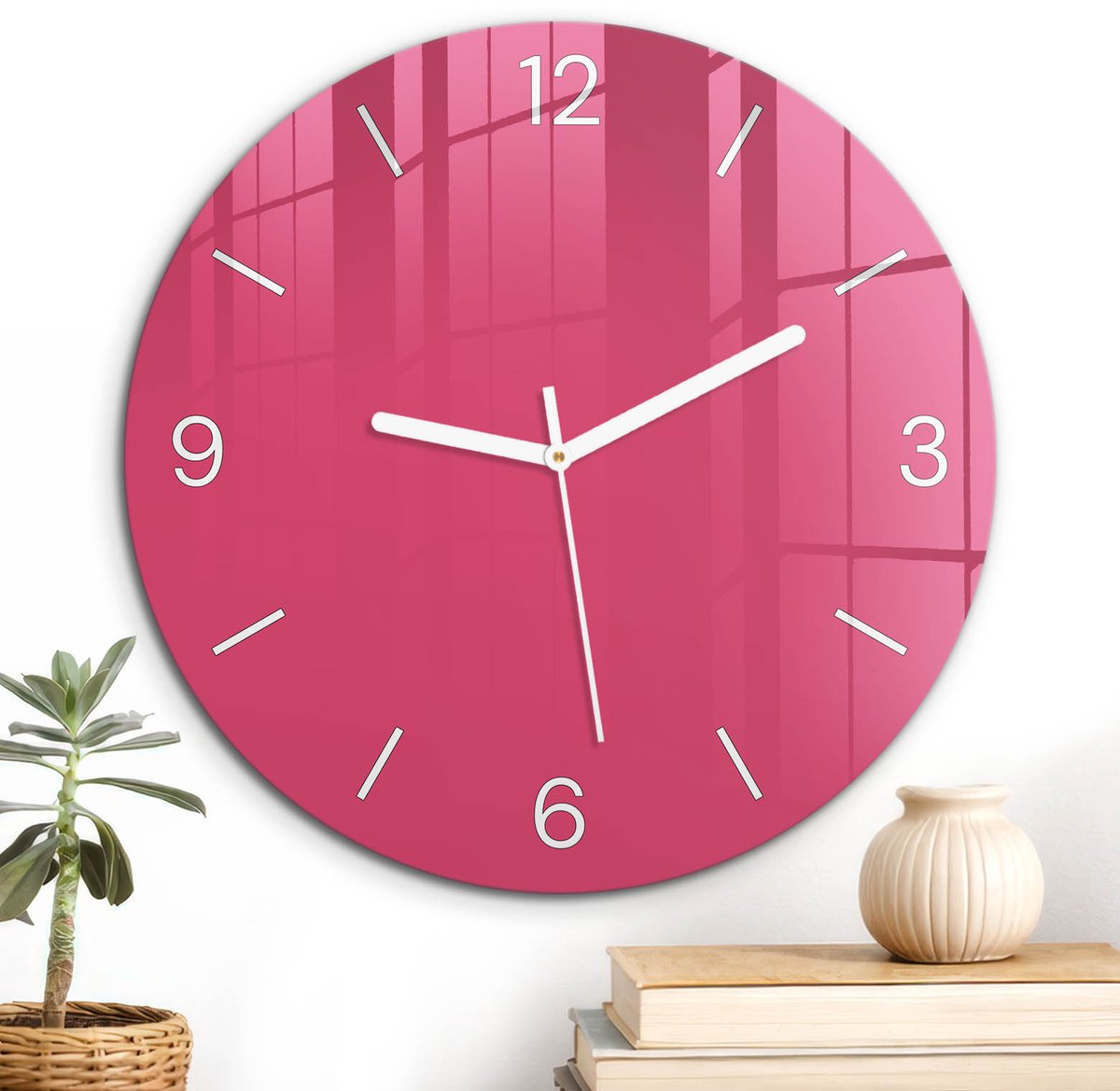 ArtPrintCave Roze Glazen Klok - Wandklok 30 cm - Muurklok Rond - Energie Roze Wandklok Keuken - Abstractie Unieke Klok - Witte Klokwijzers