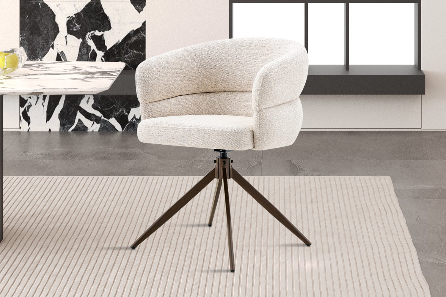 Leonie Draaibare Eetkamerstoel Beige – 180° Auto-Return – Walnootkleurige Metalen Kruispoot – Per Stuk