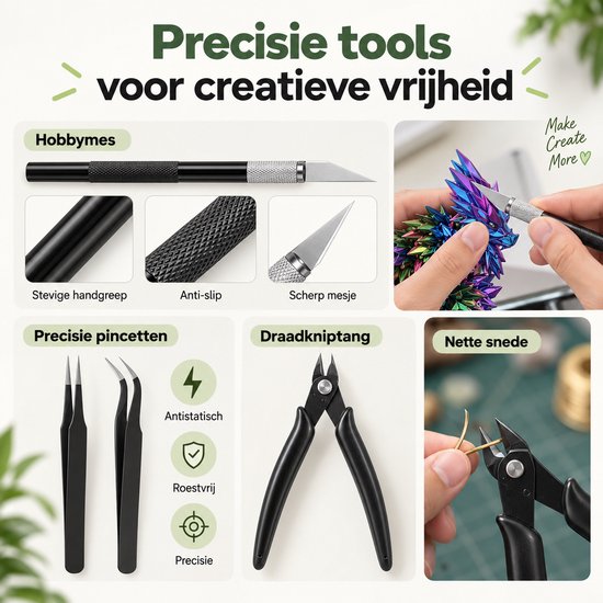 Precisie hobbymes, pincetten en draadkniptang voor creatieve 3D-printbewerkingen.