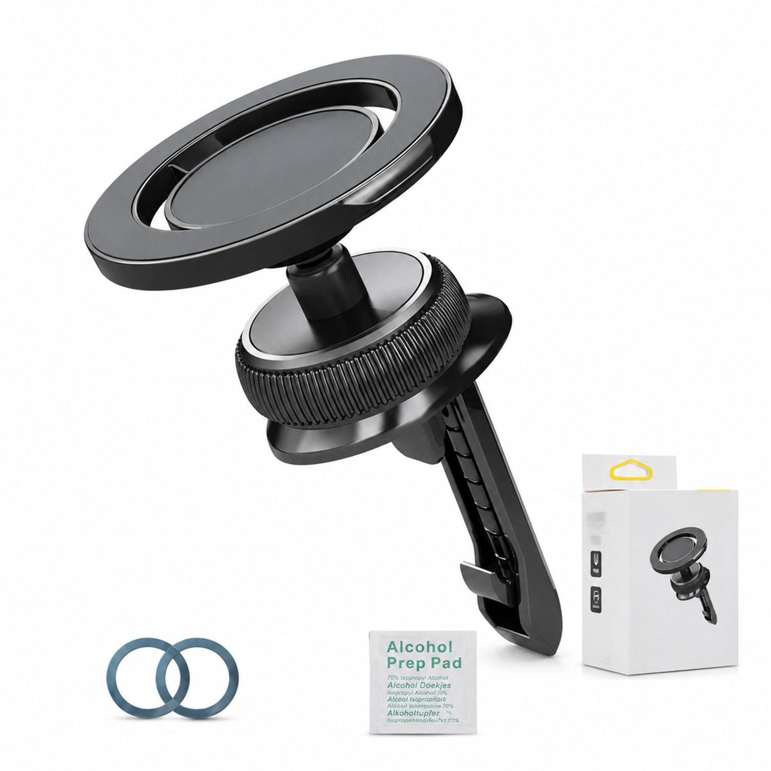 telefoonhouders auto N52 magnetische telefoonhouder voor ventilatierooster in gunmetal met twee magneetringen en één reinigingsdoekje