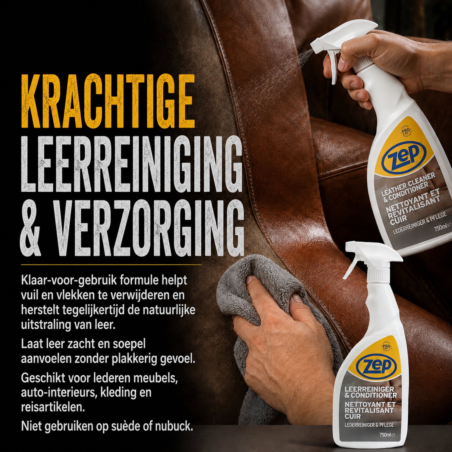 ZEP Leer Reiniger en Conditioner - 6 x 750 ml - 2-in-1 met UV-bescherming - Voor Leren Bankstel, Auto-interieur, Tassen en Kleding – foto 4