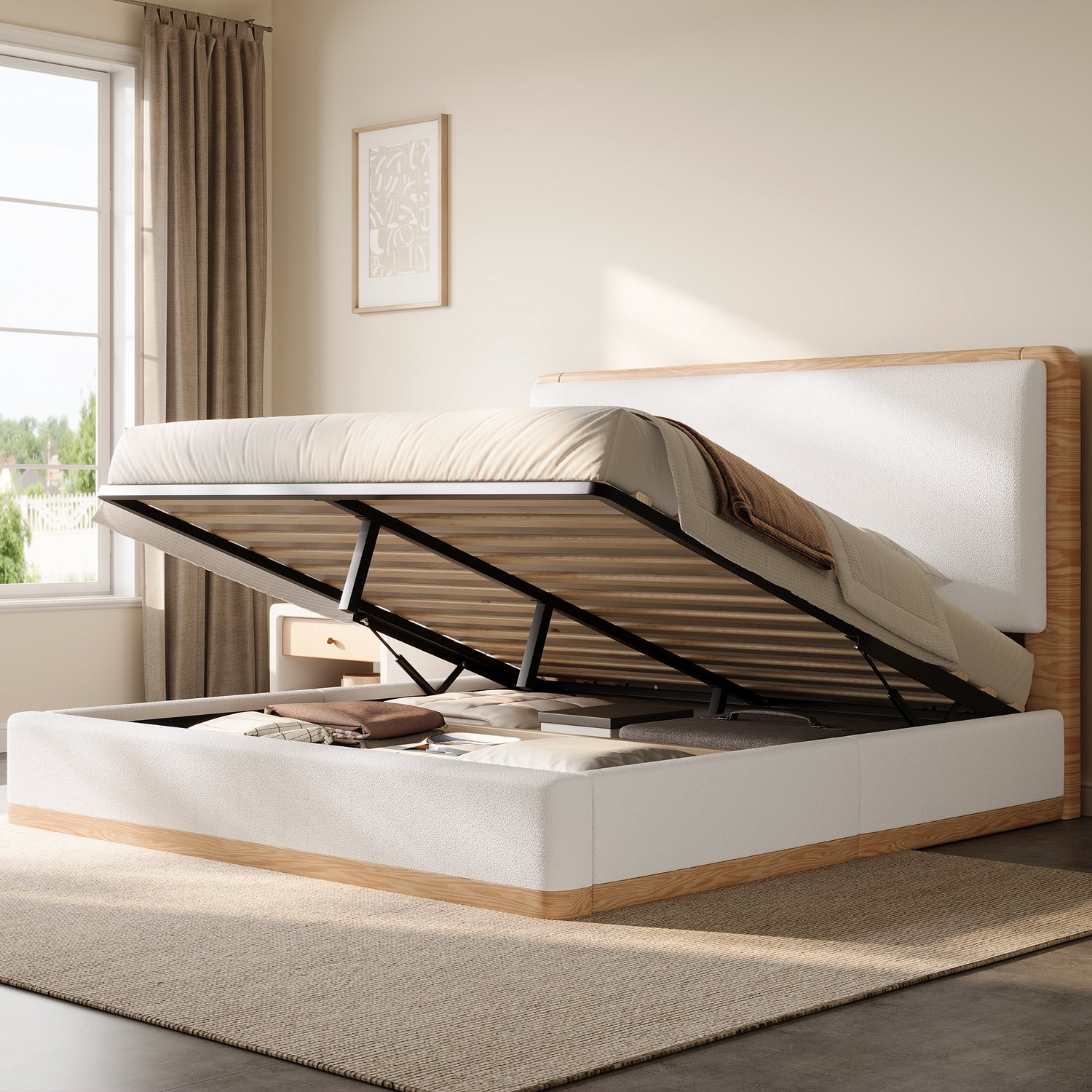 COVREO Opbergbed met lift – 215x185x104 cm – Tweepersoonsbed met bodem – Bed voor volwassenen – Wit/naturel - zonder matras