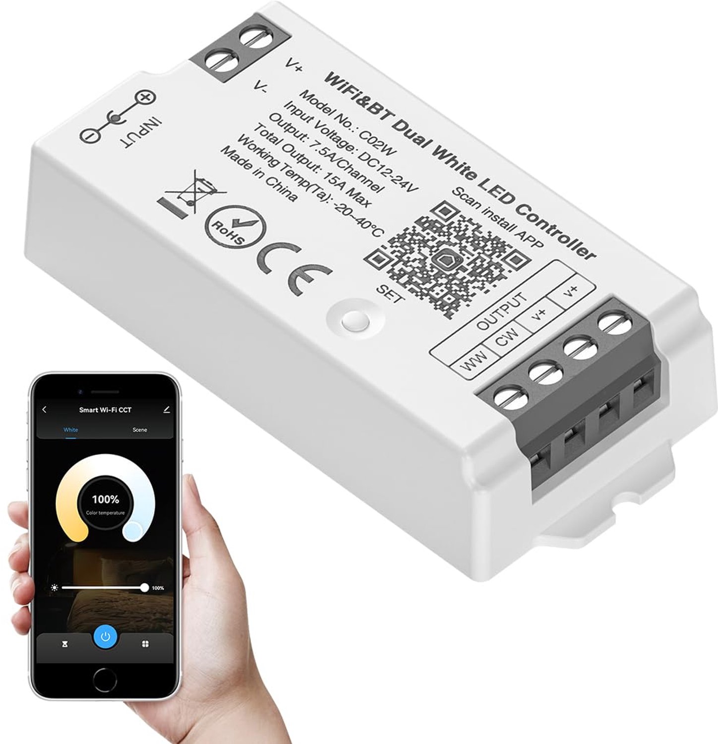 C02W CCT WiFi Bluetooth LED Controller Groepscontrole compatibel met / APP bediening werk with Remote DC12-24V