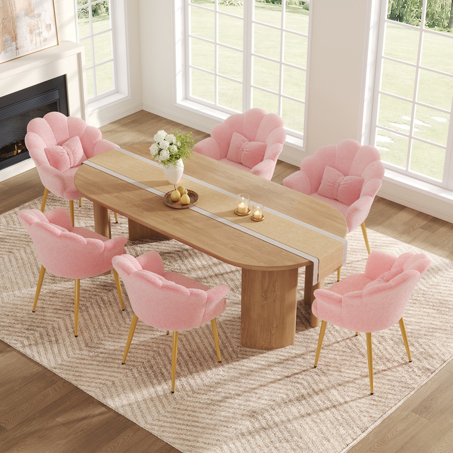 COVREO Eetkamerstoelen met armleuningen – Set van 6 kuipstoelen met kussens – Zitmeubels voor eetkamer – 64x65,5x85 cm – Roze Pink