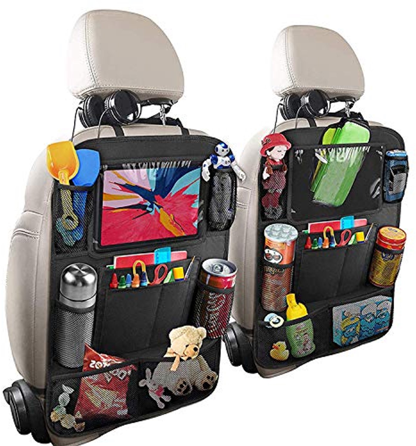Pak van 2 autorugleuningbeschermers, autorugleuning-organizer voor kinderen, autostoel-organizer, iPad/tabletvak, 600D Oxford stof, waterdichte rugleuningbeschermer (zwart)