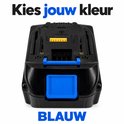 Zwarte Makita-accu met een blauwe ontgrendelknop. Tekst: Kies jouw kleur, Blauw.