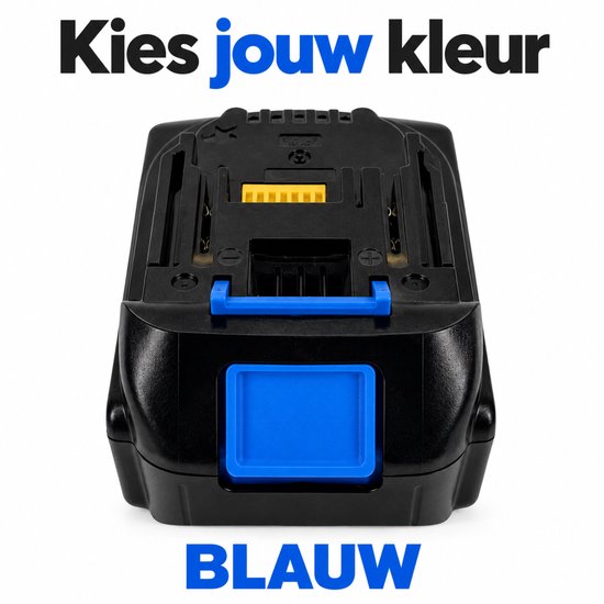 Zwarte Makita-accu met een blauwe ontgrendelknop. Tekst: Kies jouw kleur, Blauw.