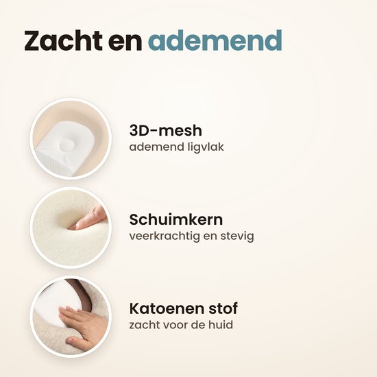 Close-up details van het babynestje: ademend 3D-mesh, stevige schuimkern en zachte katoenen stof.