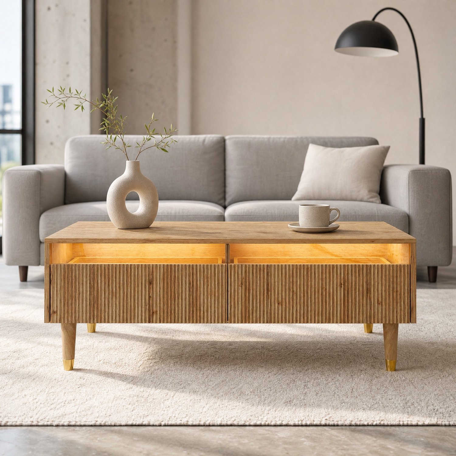 MEUNIQ Salontafel 110 x 50 x 40 cm met 2 lades en meerkleurige ledverlichting, bediening via app, golvende ladefronten en hout- en goudkleurige poten Houtkleur met goudkleurige accenten