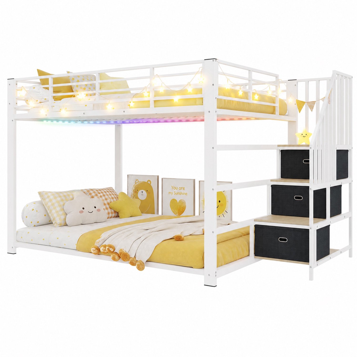 REDOM Stapelbed 140x200 cm - Trap met opberglades, LED, stopcontacten en USB - Wit/walnootkleur