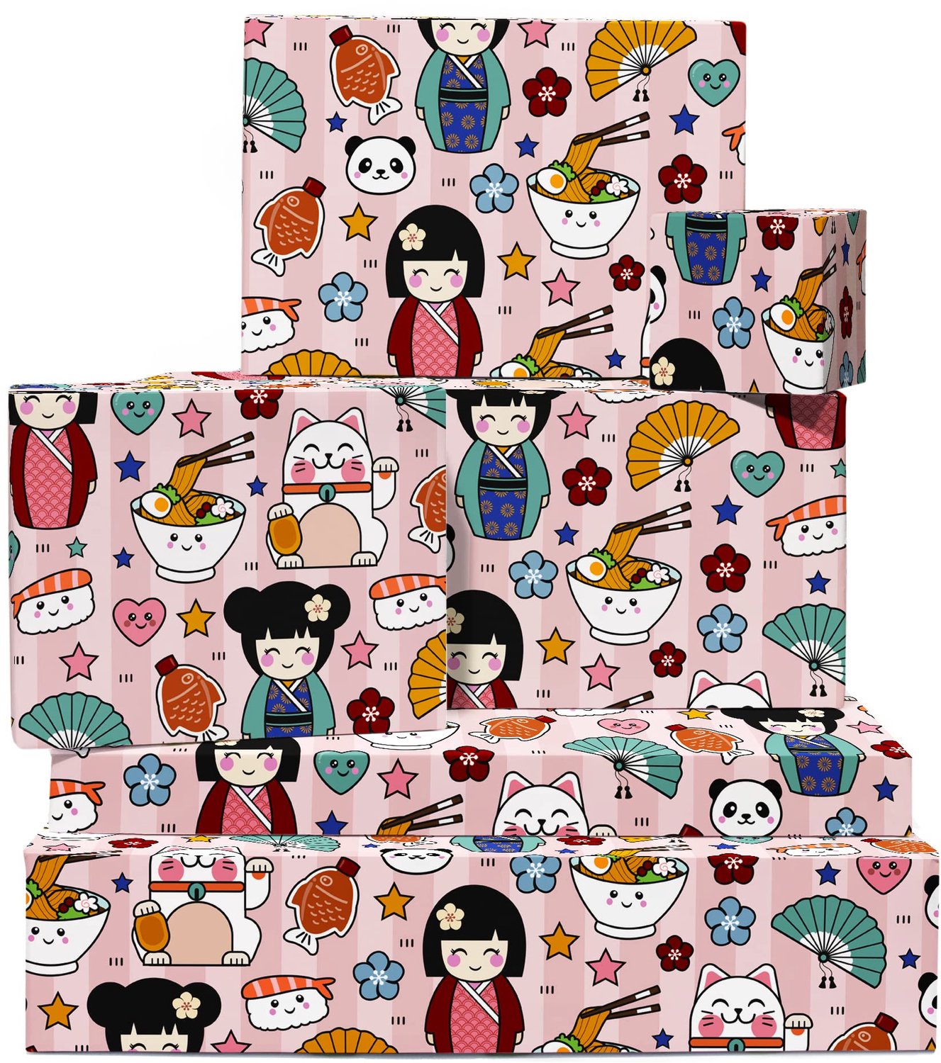 Set van 6 Vellen Roze Cadeaupapier met Stickers