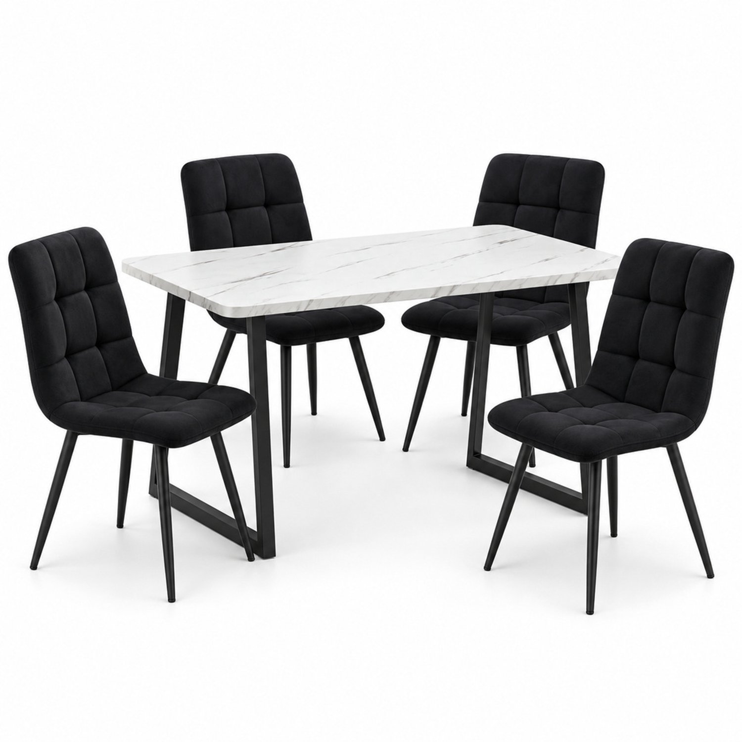 LONG DRAGON - Eethoek - Tafel met 4 velvet stoelen - Rechthoekige eettafel - Zwarte tafelpoten - Zwart