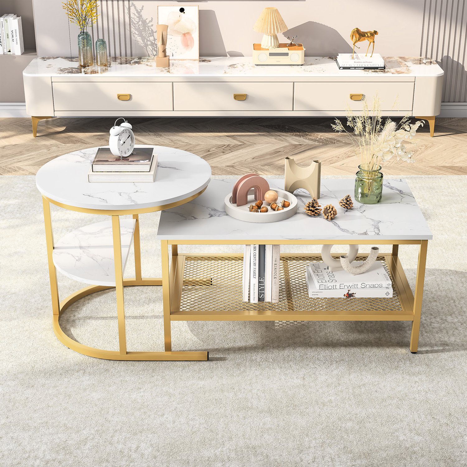 MEUNIQ Set van 2 salontafels met opbergruimte, nestbaar, rechthoekige en ronde tafel, goudkleurig frame en marmerlook, voor de woonkamer Goudkleurig en wit marmerlook