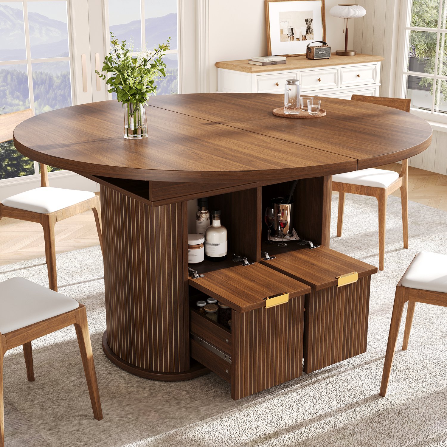 OKWISH Eettafel - Uitschuifbaar Met 2 Lades en Opbergruimte - Voor 4 tot 6 Personen - Ovaal MDF en Metaal Donkerbruin - 118 of 158 x 118 x 76,8 cm
