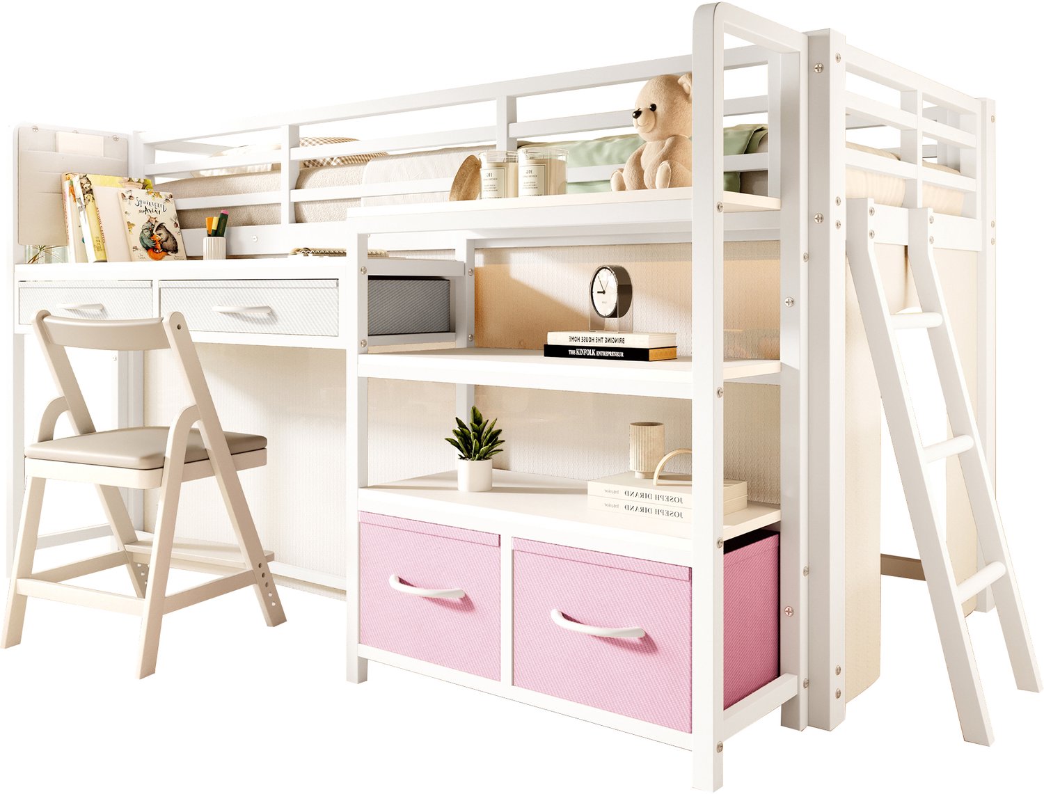 REDOM Hoogslaper 90x200 cm - Met bureau, stoffen lades, gordijn en LED-verlichting - Wit