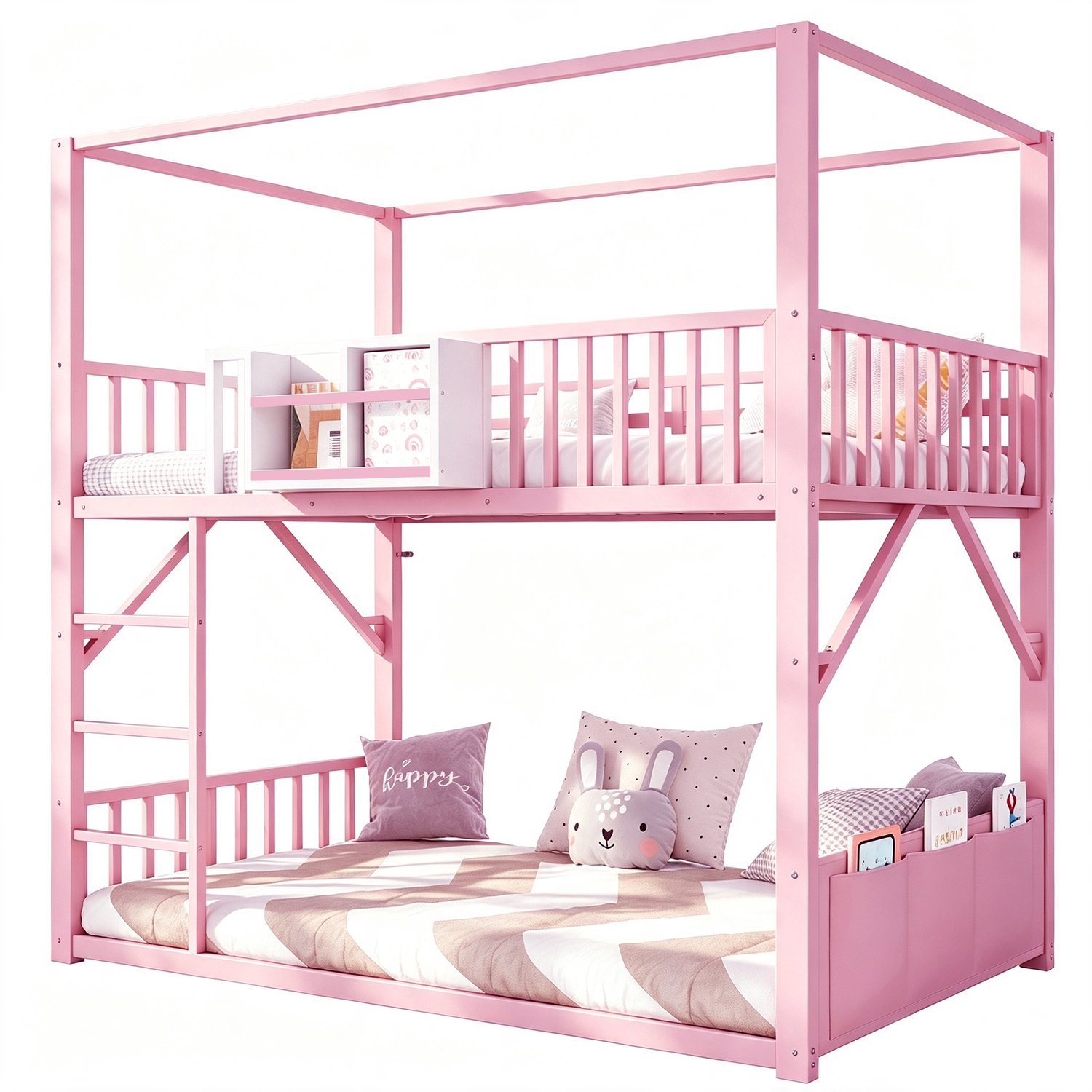 REDOM Stapelbed 90x200 cm - Met dakvormig frame, boekenplank en zijvak - Metaal en MDF - Roze